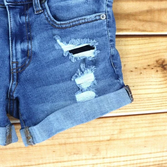 Aero Jean Shorts Cuffed Low Rise Womens Size 2 Blue Distressed Stretch‎ Denim - Picture 5 of 7